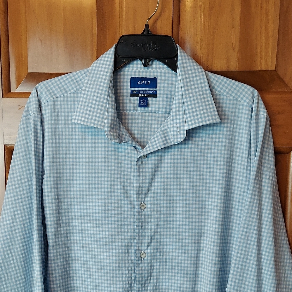 Apt. 9 Premier Flex Performance Blue Checked Slim Fit Shirt Size Large Like New